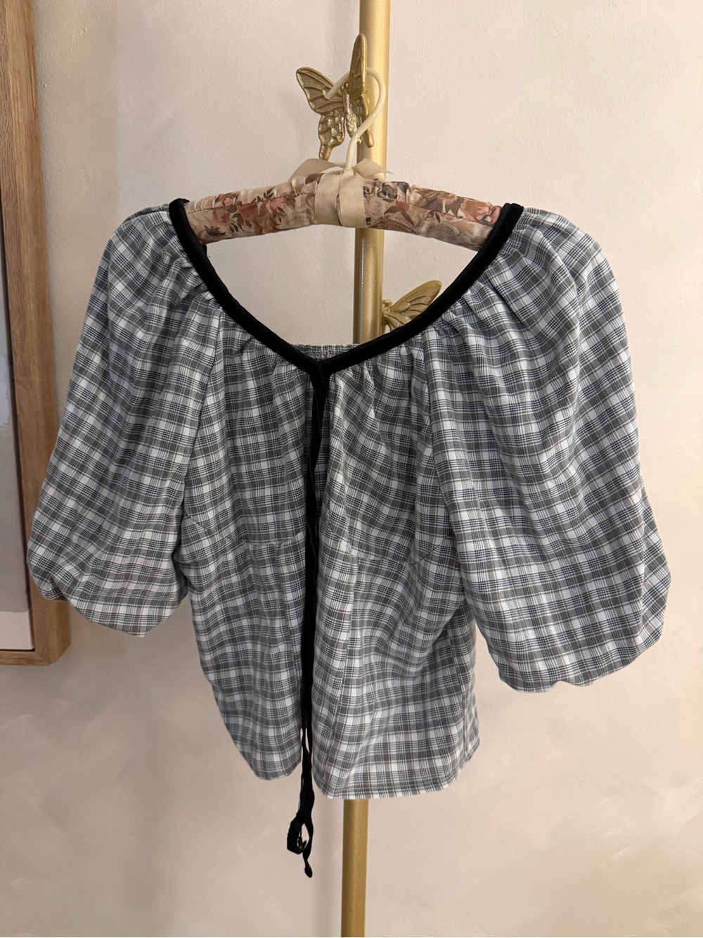 Puff-Sleeve Gray Plaid Tie-Front Blouse
